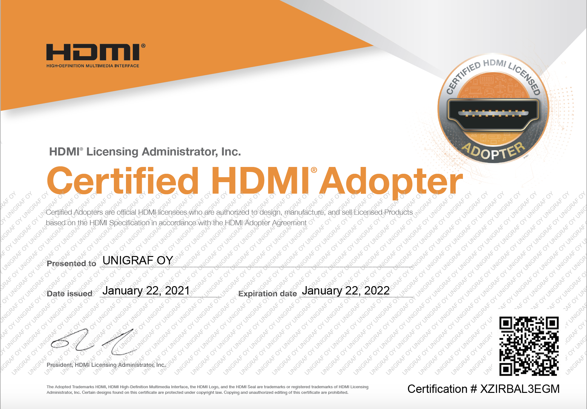 HDMI certificate